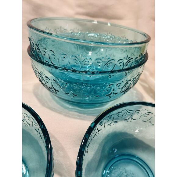Pioneer Woman Teal Pressed Glass Dip Bowls 3.1” Embossed Design Gift Set Of 4 - Picture 3 of 8